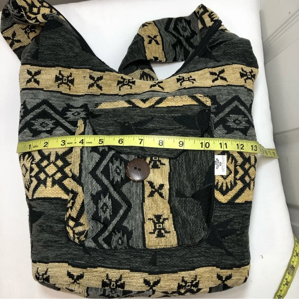 ARTESANY Wool Blend Ecuador Tribal Boho‎ Black Tan Gray Hobo Zipper Bag